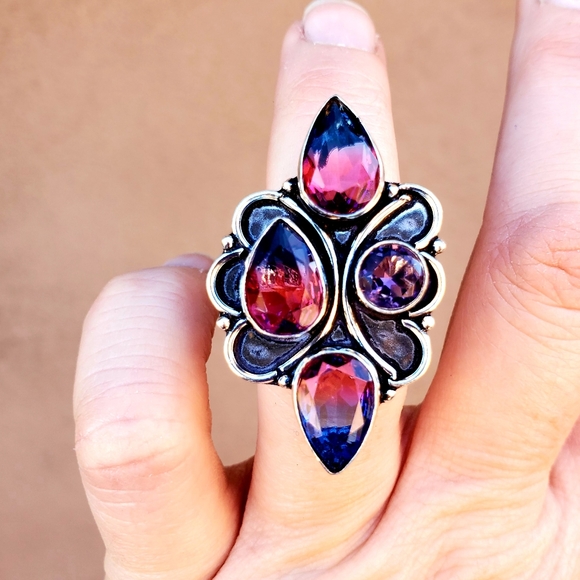 New Bicolor Tourmaline & Amethyst 925 Silver Ring. - Picture 8 of 11